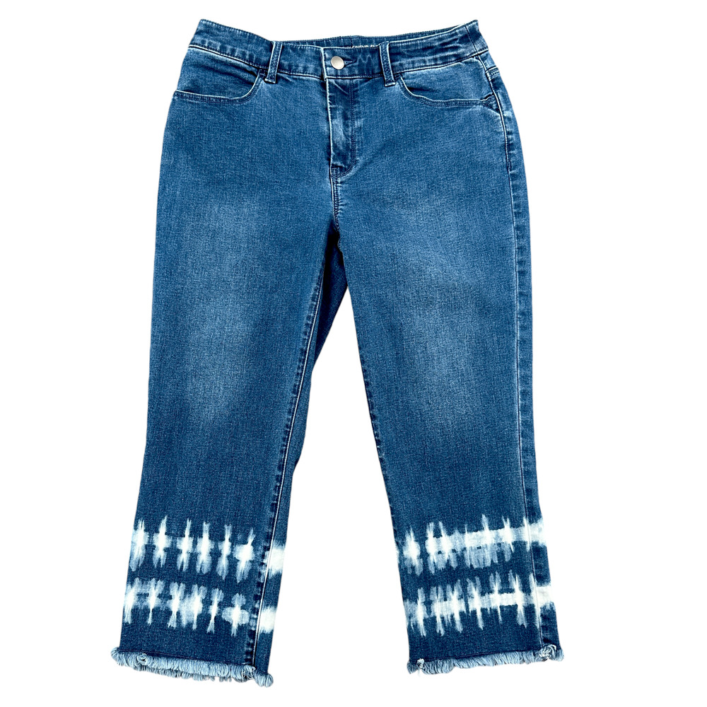 Chico's Tie Dye Fringe Girlfriend Medium Wash Capri Womens Jeans Size 00